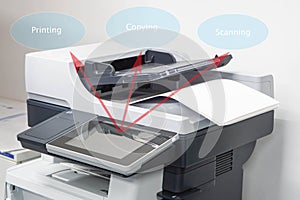 Close up paper sheets on the printer in office for scan