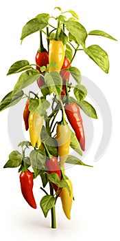 Close-up of a paprika tree with red and yellow ripe fruit isolated on white background, generative AI