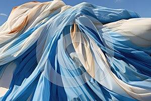 close-up of parachute fabric unfurling against blue sky