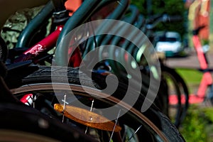 Close up of parked bikes