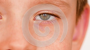 Close-up part of the face of an expressive look of a caucasian boy of 8 years old looking at the camera. Theme of childhood, child