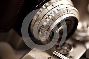 Close up of the part of old camera.