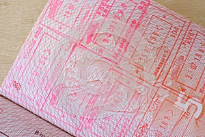 close up part of pages of foreign passport with foreign visas, border stamps, permits to enter countries, concept of traveling