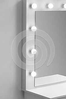 Close-up of a part of a white dressing table with a mirror and lamps against a white wall, copy space
