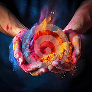 close-up partial view of human holding colorful powder in hands at Holi festival. Dark background. Created with generative AI.