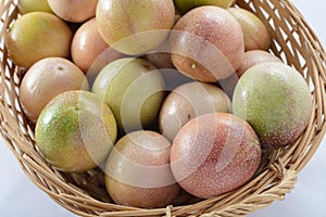 Close up Passion Fruits in the bamboo baskets