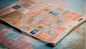 A close-up of a passport filled with visa stamps from various countries, symbolizing the joy of exploring different cultures