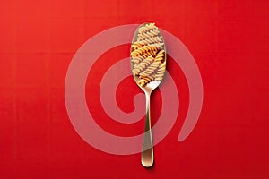 Close up of pasta isolated on red background in spoon or fork