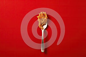 Close up of pasta isolated on red background in spoon or fork