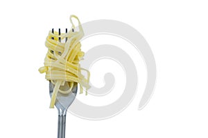 Close-up of pasta rolled up in fork