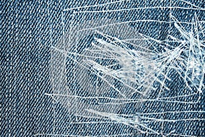 Patch by white thread sewing patterns on blue denim texture for background