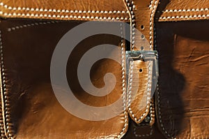 Close up path leather brown bag belt classic briefcase