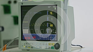 Close up of a patient monitor showing vital signs.. View Monitoring of patient`s condition, vital signs on ICU monitor