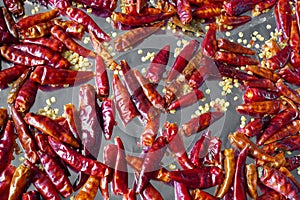 CLose up pattern of red hot dry chili peppers 1