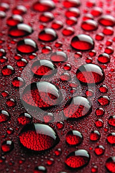 Close Up, Pattern of Water Droplets Beading, Hydrophobic Effect on Red Metallic Surface