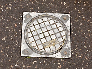 Close up pavement floor metal water grate texture background ind