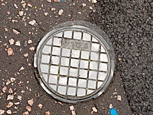 Close up pavement floor metal water grate texture background ind