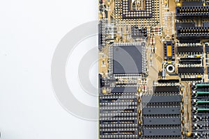 Close up of PC motherboard on the white background / texture