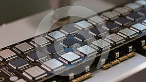 Close-Up of PCB with Integrated Circuits and Gold Connectors â High-Performance Computing â AI content