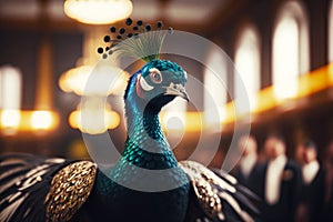 Close up of peacock with fancy headpiece on it's head. Generative AI