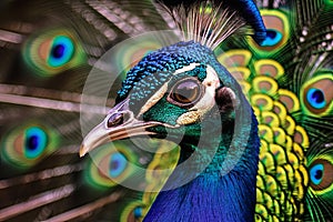 Close-up of Peacock Head in Vibrant Detail. Generative AI