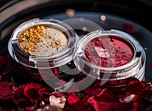 A close-up of pearlescent shimmery palette of red and orange glitter eyeshadows for creating eye makeup