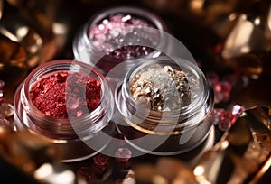 A close-up of pearlescent shimmery red,pink and orange glitter eyeshadows for creating eye makeup