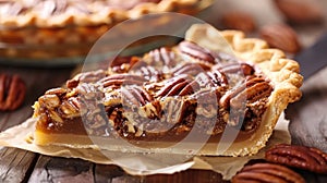 Close-up of a pecan pie slice with whole pie in the background