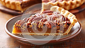 Close-up of a pecan pie slice with whole pie in the background