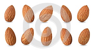 Close up peeled almonds nuts on white background isolated for your advertising with clipping path