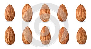 Close up peeled almonds nuts on white background isolated for your advertising with clipping path