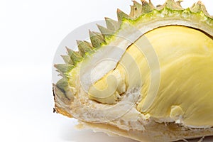 Close up peeled Durian isolated on white background for eat, the famous fruit from Thailand, it also known as The King of Fruits