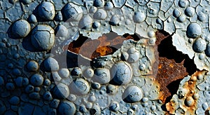 Close-up of peeling blue paint and rust on metal surface