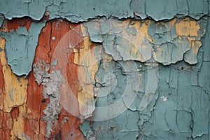 close-up of peeling paint on a weathered wooden door