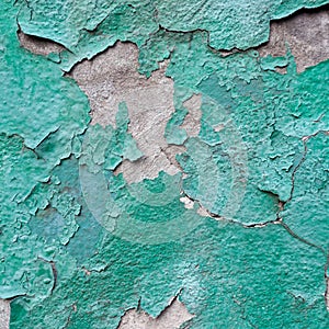 Close-up of peeling painted wall. Rustic green grunge material.