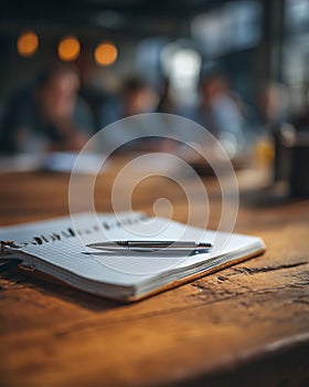 Close-up of a pen on a grid-lined notebook on a rustic wooden table, with blurred background.