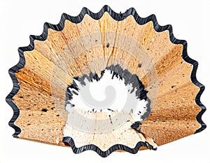 Close Up of a Pencil Shaving with Intricate Curl Pattern on a White Background