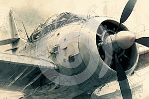 close-up of pencil sketch, highlighting details and textures of aircraft design