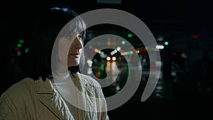 Close up pensive thoughtful serious woman waiting someone wait meeting taxi car automobile looking to side thinking