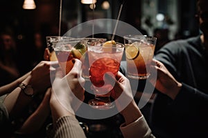 Close up of people cheering cocktails in a bar. Cheerful friends clinking glasses. Generative AI