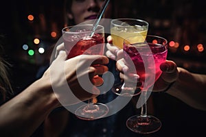 Close up of people cheering cocktails in a bar. Cheerful friends clinking glasses. Generative AI