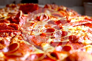 Pepperoni Pizza with Crispy Pepperonis on Table- Close up