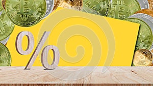 Close-up of percent sign on coin crypto currency bitcoin background, Percentage Sign And Discount Rate. Accountant VAT Tax Concept