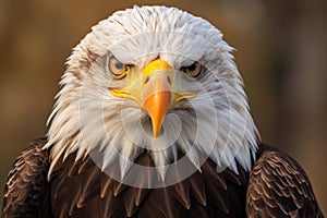 close-up of a perched bald eagle with piercing eyes