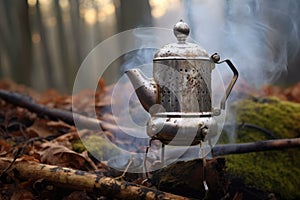 close-up of percolator on campfire with steam rising
