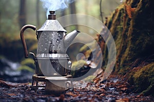 close-up of percolator on campfire with steam rising