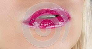 Close-up perfect natural lip makeup beautiful female mouth. Plum