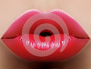 Closeup kiss red lip makeup. Beautiful plump full lips on female face. Clean skin, fresh make-up. Bright lips