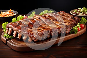 Close up of perfectly roasted barbecue pork ribs with tenderly sliced meat, ready to be enjoyed