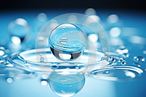 Close-up of a perfectly spherical water droplet suspended delicately on a vibrant blue backdrop